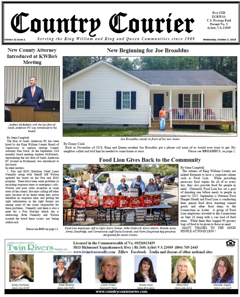 October 2, 2019 County Courier Newspaper online Issue Front Page