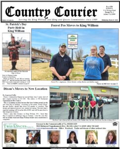 March 17, 2021, online issue of the Country Courier Newspaper. Serving the King William and King & Queen communities since 1989.
