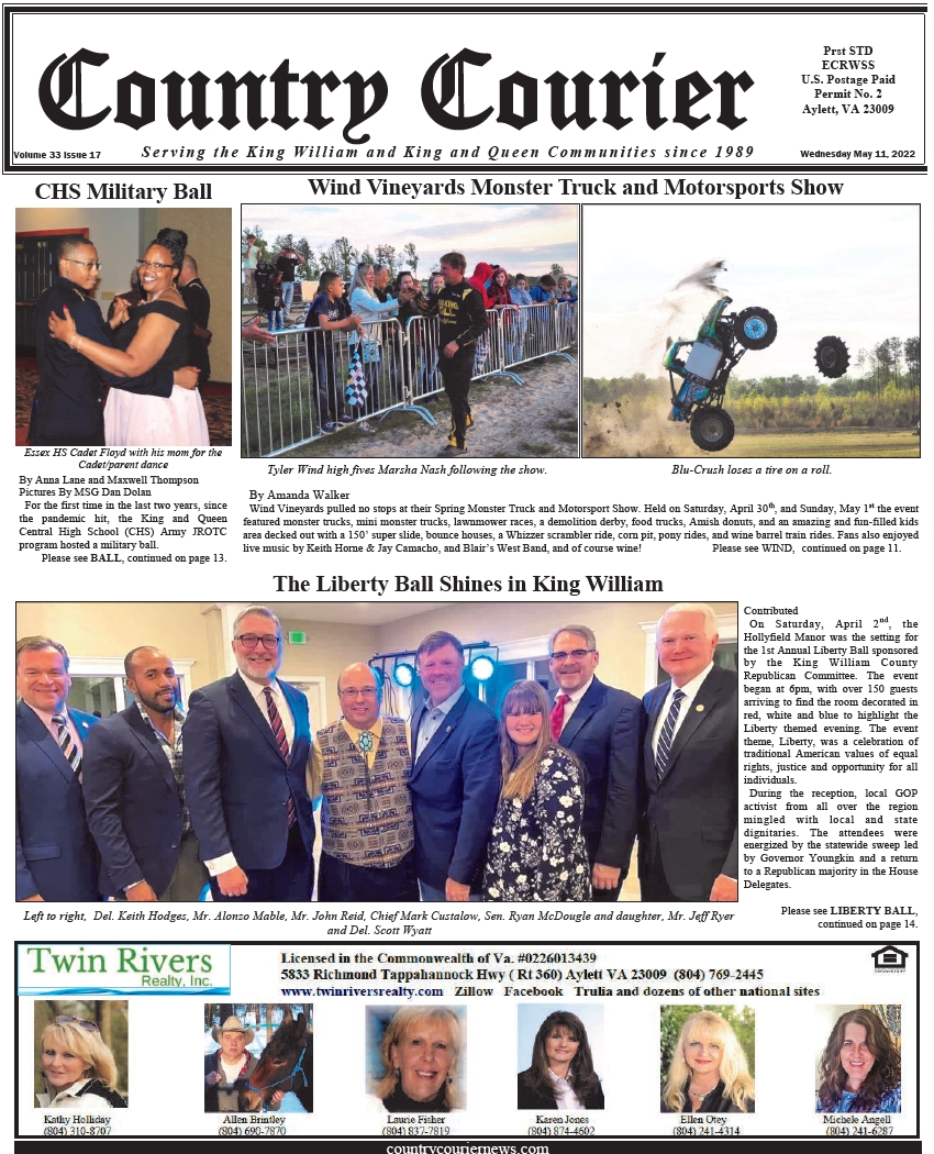 May 11, 2022, online issue of the Country Courier Newspaper. Serving the King William and King & Queen communities since 1989.