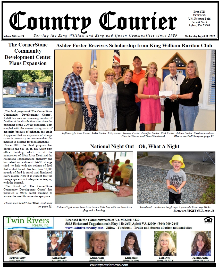 August 17, 2022, online issue of the Country Courier Newspaper. Serving the King William and King & Queen communities since 1989.