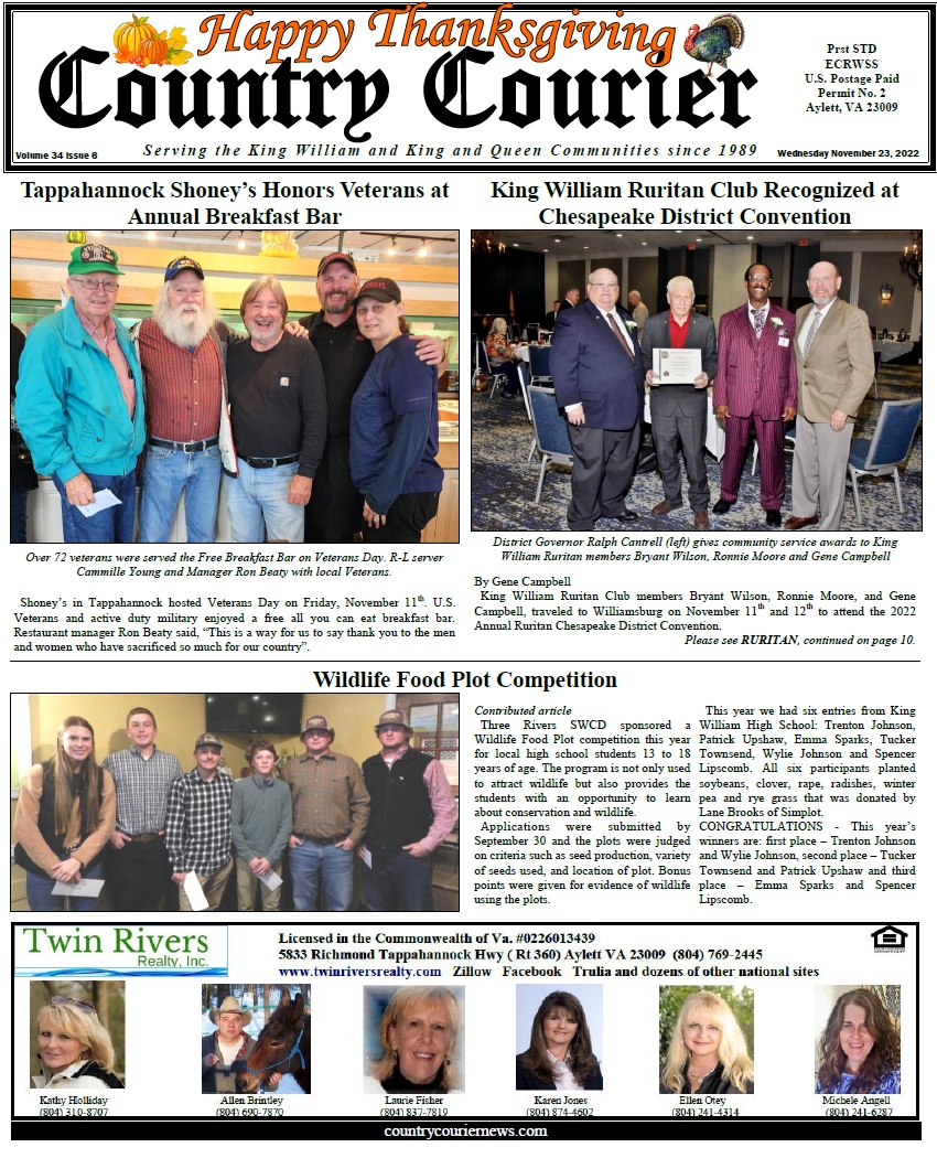 November 23, 2022, online issue of the Country Courier Newspaper. Serving the King William and King & Queen communities since 1989.