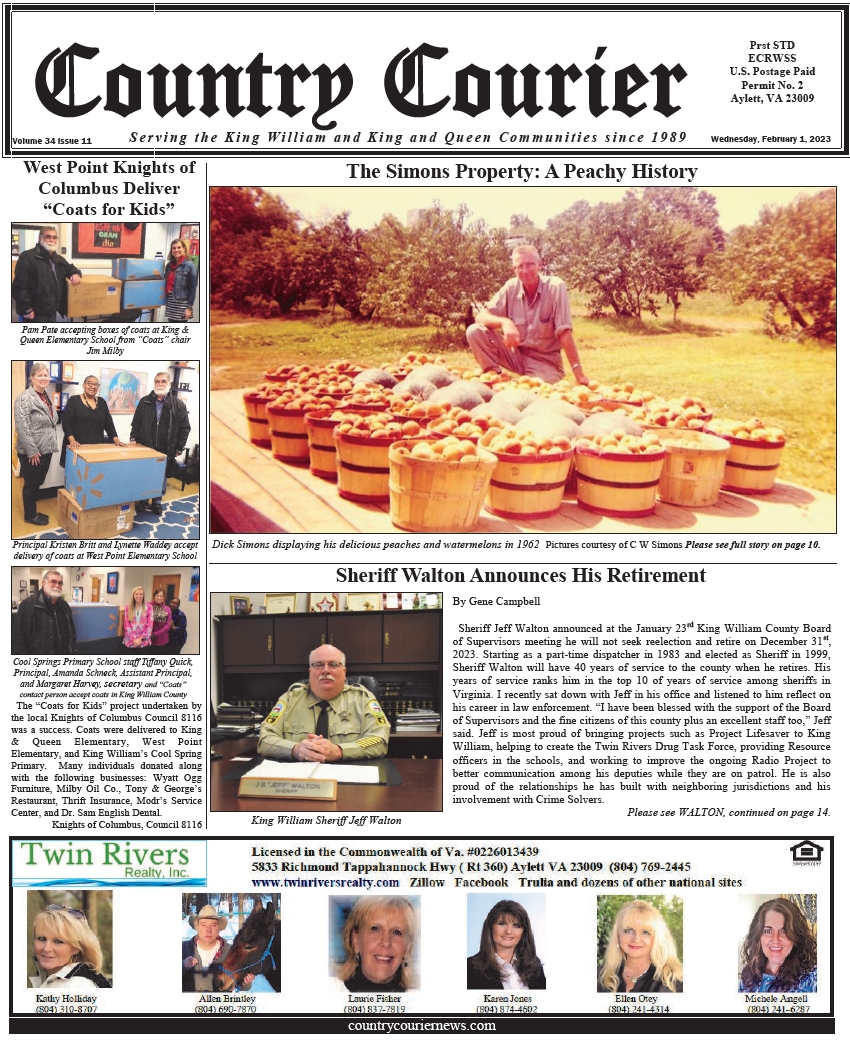 February 1, 2023, online issue of the Country Courier Newspaper. Serving the King William and King & Queen communities since 1989.