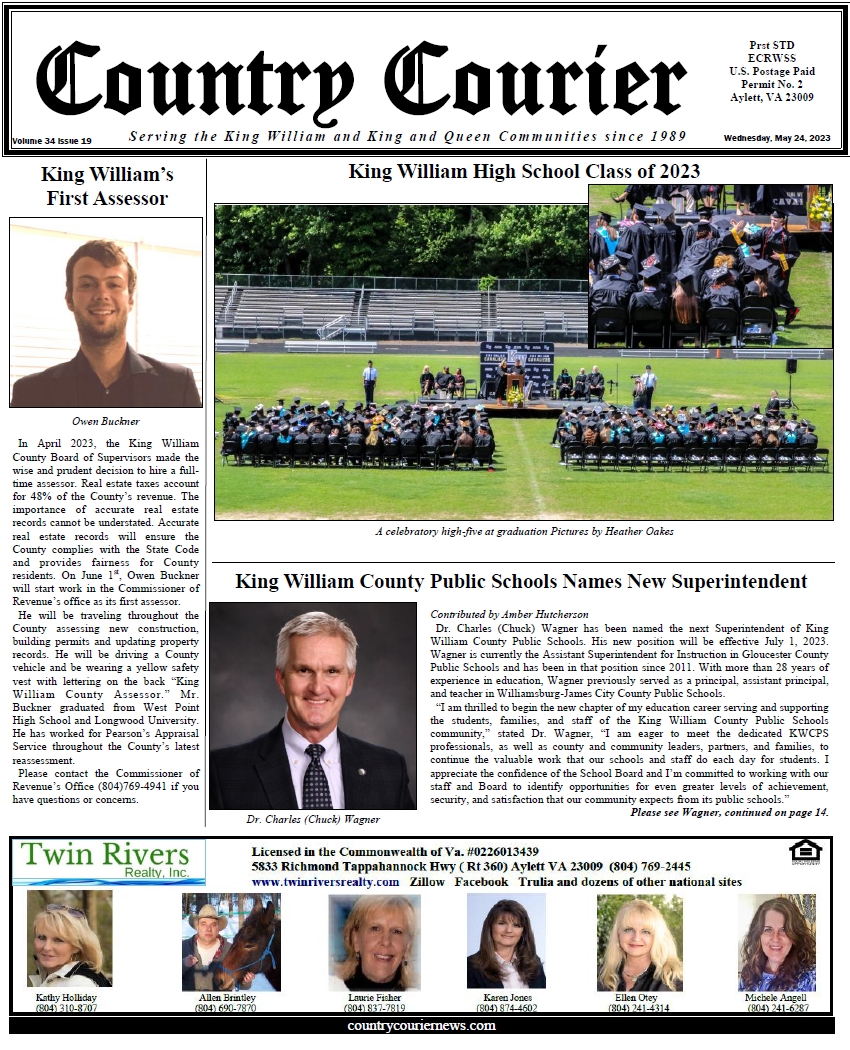 May 24, 2023, online issue of the Country Courier Newspaper. Serving the King William and King & Queen communities since 1989.