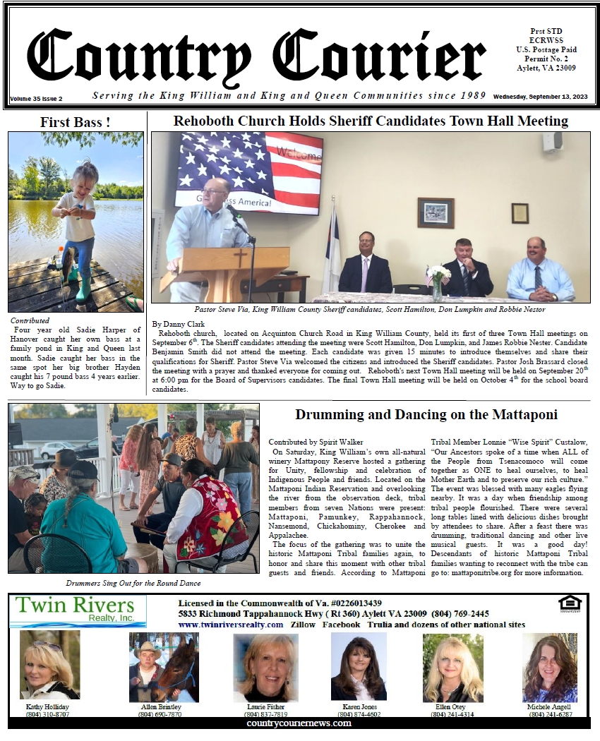 September 13, 2023, online issue of the Country Courier Newspaper. Serving the King William and King & Queen communities since 1989. Election Candidates