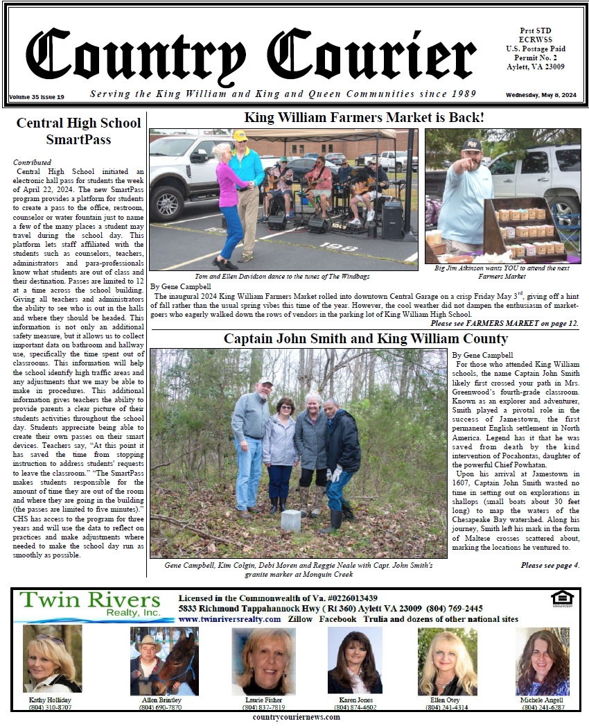 May 8, 2024, online issue of the Country Courier Newspaper. Serving the King William and King & Queen communities since 1989.