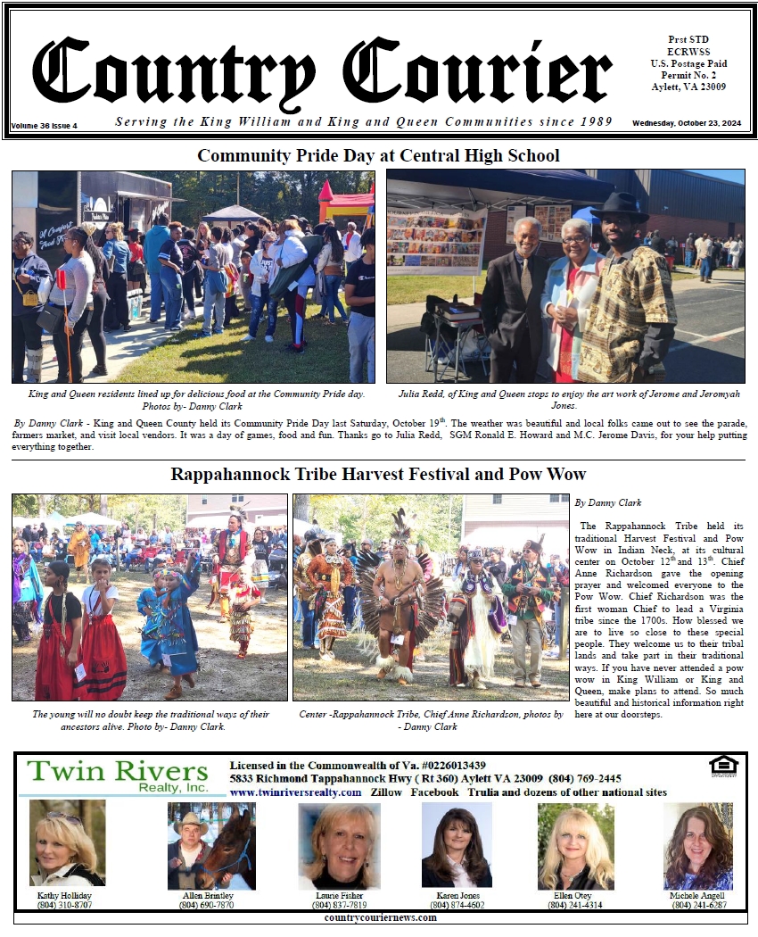 October 23, 2024, online issue of the Country Courier Newspaper. Serving the King William and King & Queen communities since 1989.