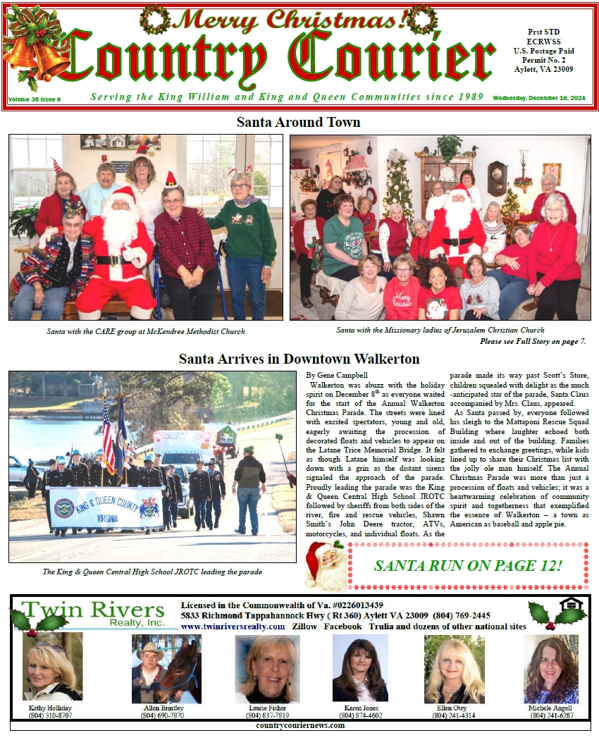 December 18, 2024, online issue of the Country Courier Newspaper. Serving the King William and King & Queen communities since 1989.