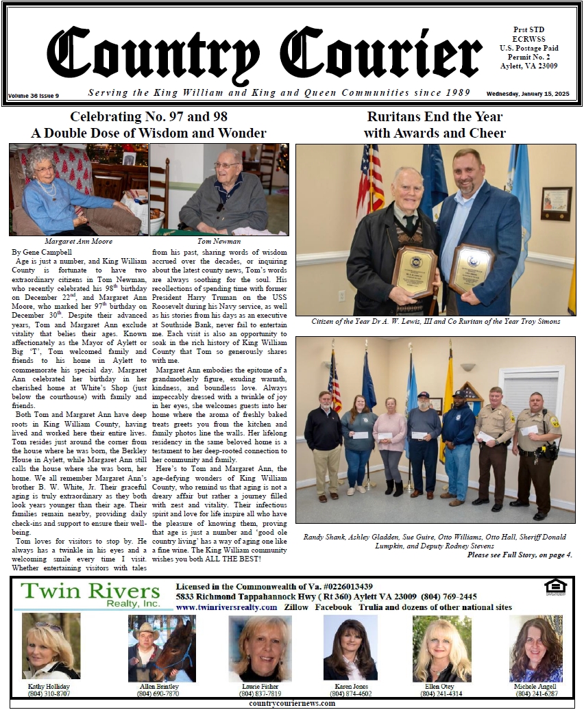 January 15, 2025, online issue of the Country Courier Newspaper. Serving the King William and King & Queen communities since 1989.