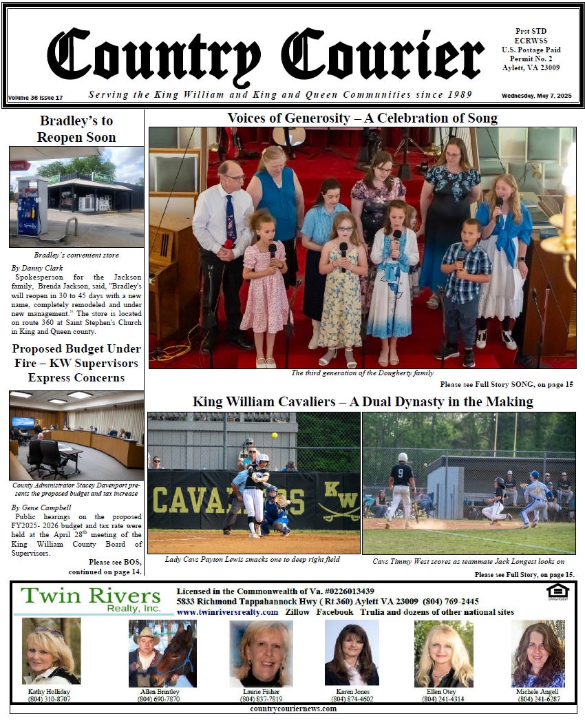 May 7, 2025, online issue of the Country Courier Newspaper. Serving the King William and King & Queen communities since 1989.
