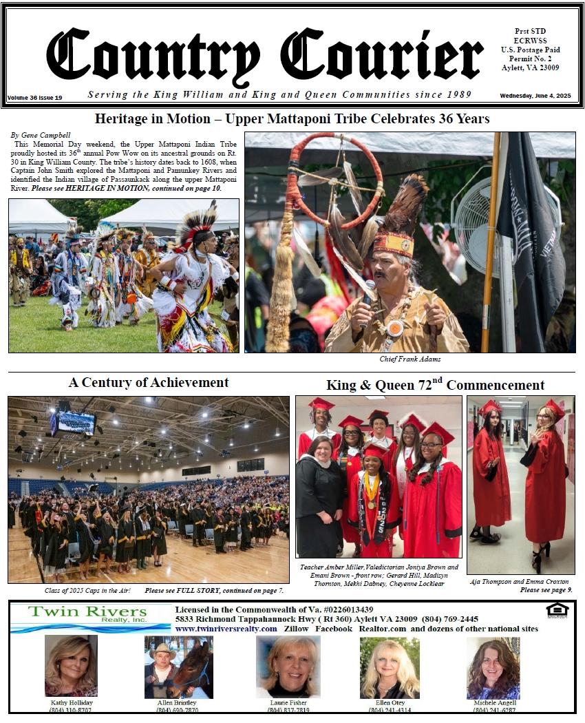 June 4, 2025, online issue of the Country Courier Newspaper. Serving the King William and King & Queen communities since 1989.