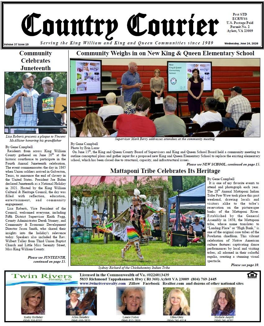 June 24, 2026, online issue of the Country Courier Newspaper. Serving the King William and King & Queen communities since 1989.