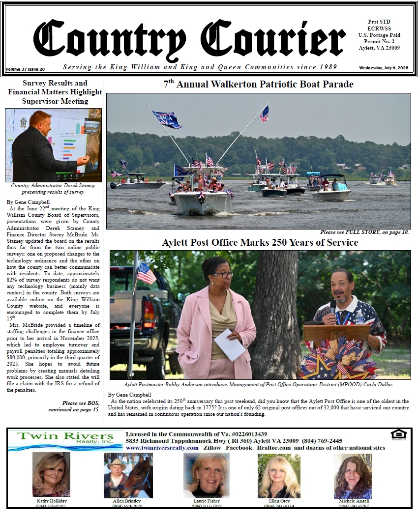 July 8, 2026, online issue of the Country Courier Newspaper. Serving the King William and King & Queen communities since 1989.