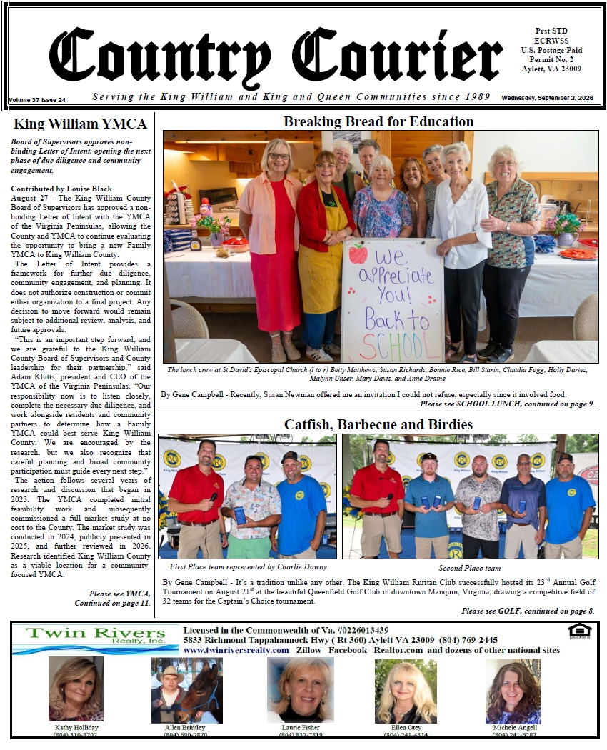 September 2, 2026, online issue of the Country Courier Newspaper. Serving the King William and King & Queen communities since 1989.