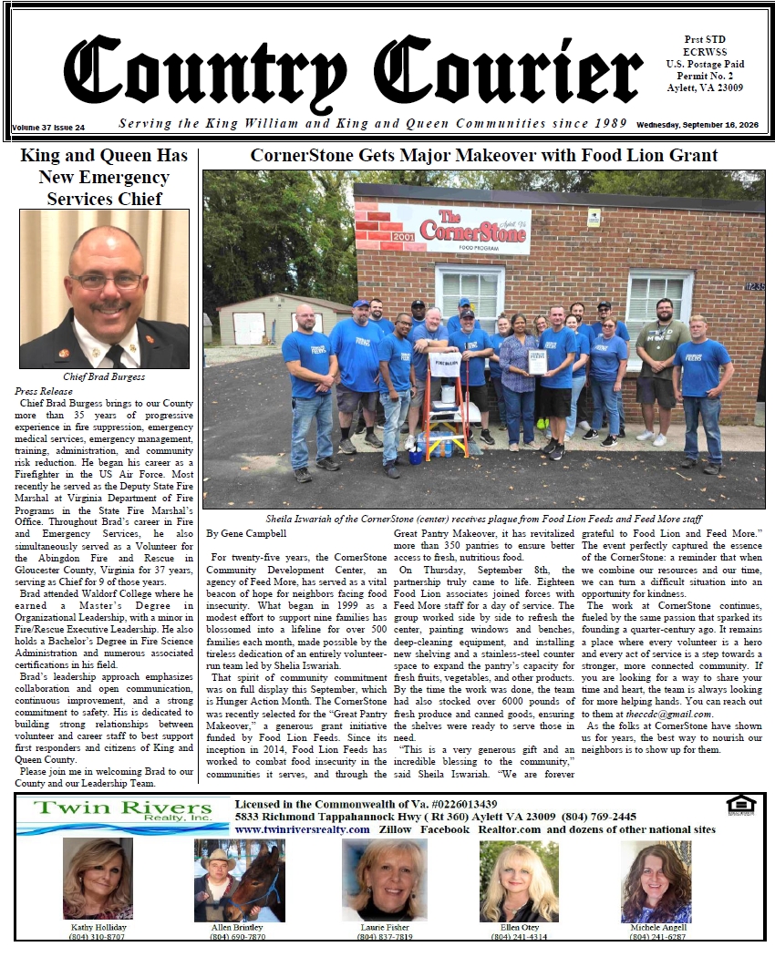 September 16, 2026, online issue of the Country Courier Newspaper. Serving the King William and King & Queen communities since 1989.