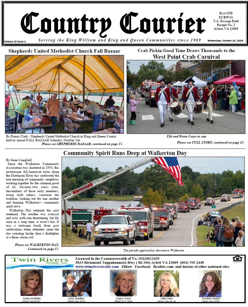 October 14, 2026, online issue of the Country Courier Newspaper. Serving the King William and King & Queen communities since 1989.